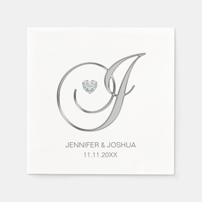 Custom Monogram Letter J Silver Heart Wedding Napkin (Front)