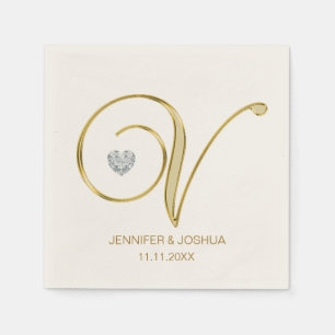 Custom Monogram Letter V Gold Heart Wedding Napkin
