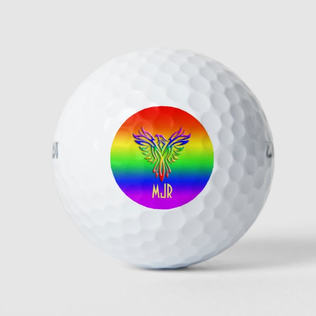 Custom monogram, LGBT Rainbow Pride Phoenix Rising Golf Balls (Front)