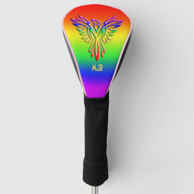 Custom monogram, LGBT Rainbow Pride Phoenix Rising Golf Head Cover (Front)
