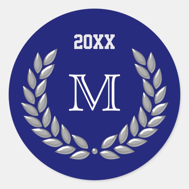  Custom Monogram Light Grey Laurel Wreath on Blue Classic Round Sticker (Front)