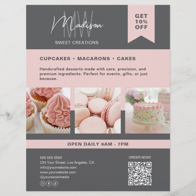 Custom Monogram Logo Bakery Grey Pink Flyer (Front)