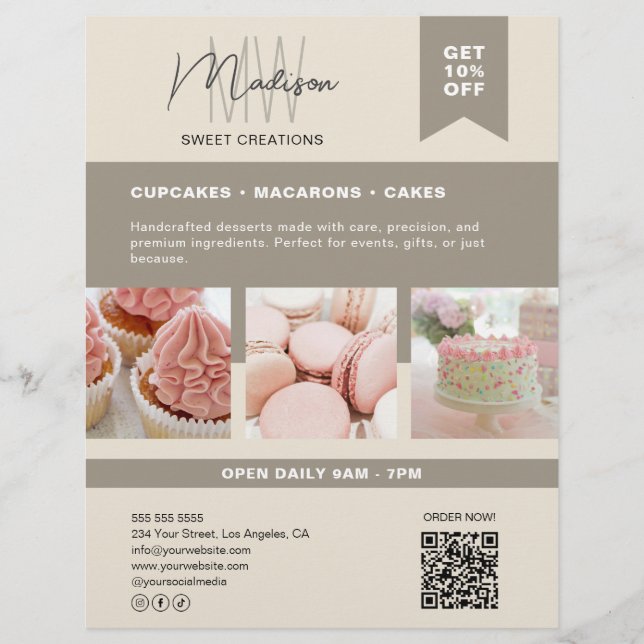 Custom Monogram Logo Beige Bakery Flyer (Front)