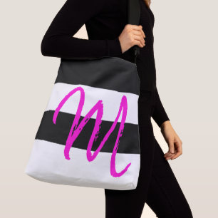 Custom Monogram M Striped Pattern Black White Pink Crossbody Bag