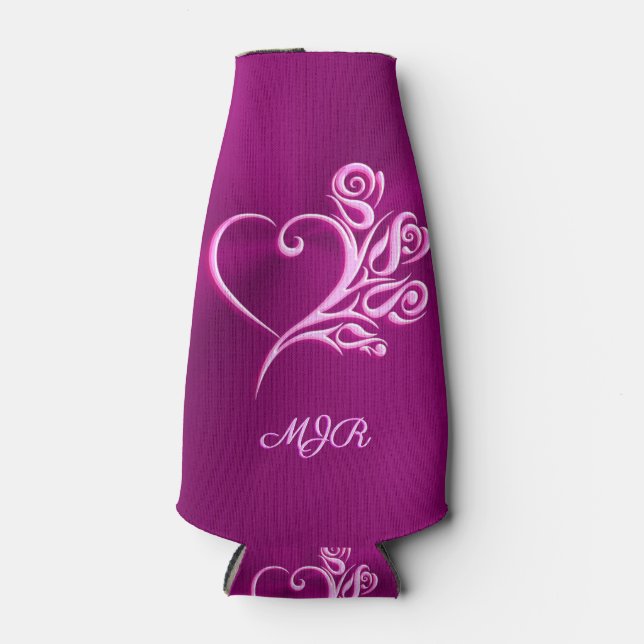Custom monogram, Mauve Stylized Heart and Roses Bottle Cooler (Front)