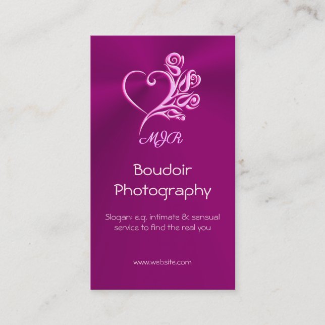 Custom monogram, Mauve Stylized Heart and Roses Business Card (Front)