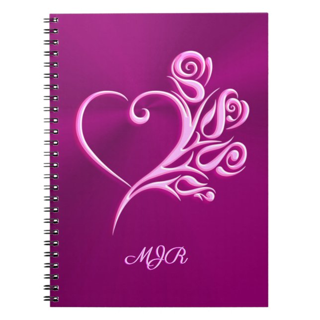 Custom monogram, Mauve Stylized Heart and Roses Notebook (Front)