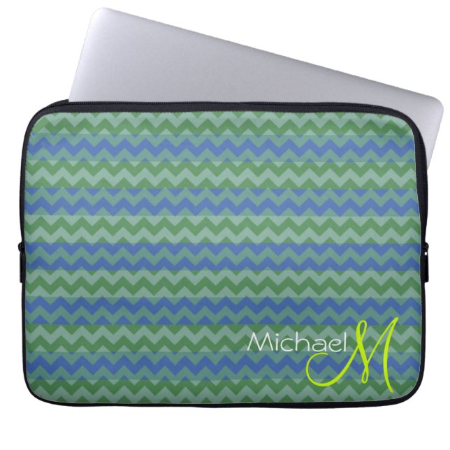 Custom Monogram Mint Green Chevron Zigzag Laptop Sleeve (Front)