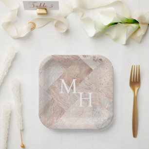  Custom Monogram Modern Abstract Elegant Beige Paper Plate