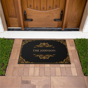 Custom Monogram Modern Minimal Black & Gold Frame  Doormat