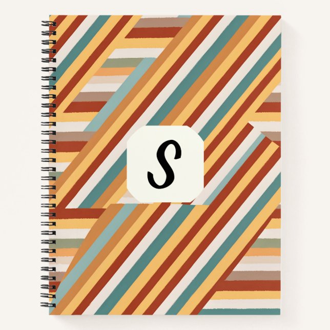 Custom Monogram Modern Retro 70s Geometric Deluxe  Notebook (Front)