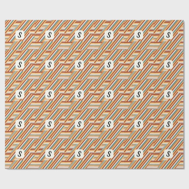 Custom Monogram Modern Retro 70s Geometric Wrapping Paper (Flat)