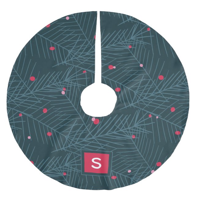 Custom Monogram Modern Spruce Red Holiday Brushed Polyester Tree Skirt (Front)