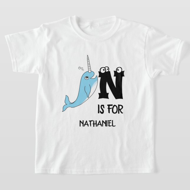 Custom monogram N is for cute narwhal cartoon T-Shirt (Laydown)