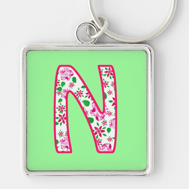 Custom Monogram N Keychain, Ditsy Floral Pattern Keychain (Front)