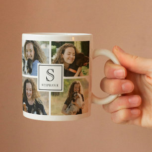 Custom Monogram & Name 4 Photo Collage Grid  Coffee Mug