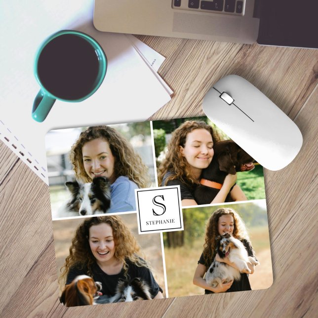 Custom Monogram & Name 4 Photo Collage Template Mouse Pad (Creator Uploaded)
