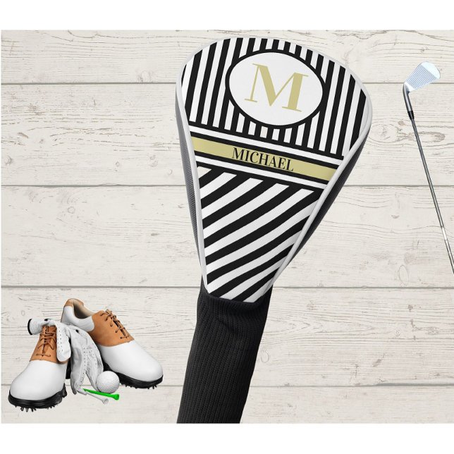 Custom Monogram Name Black Gold Stripes Golf Head Cover (Creator Uploaded)