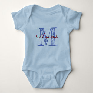 Custom Monogram Name Blue Baby Boy Hand Lettered Baby Bodysuit