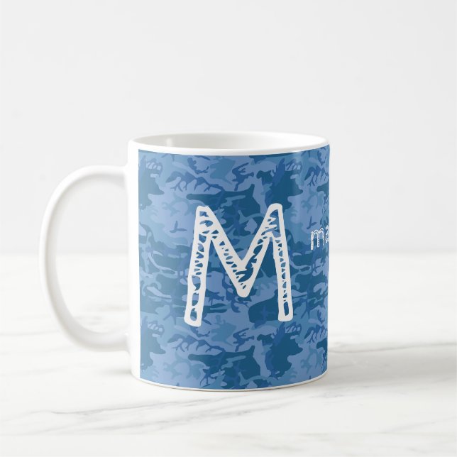 Custom monogram & name Blue Camouflage mugs (Left)
