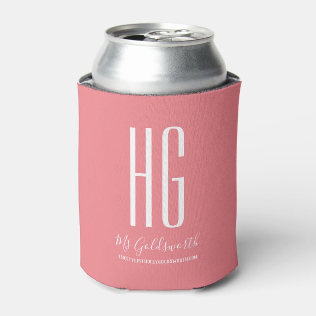 Custom Monogram Name Business Coral Pink  Can Cooler (Can Front)