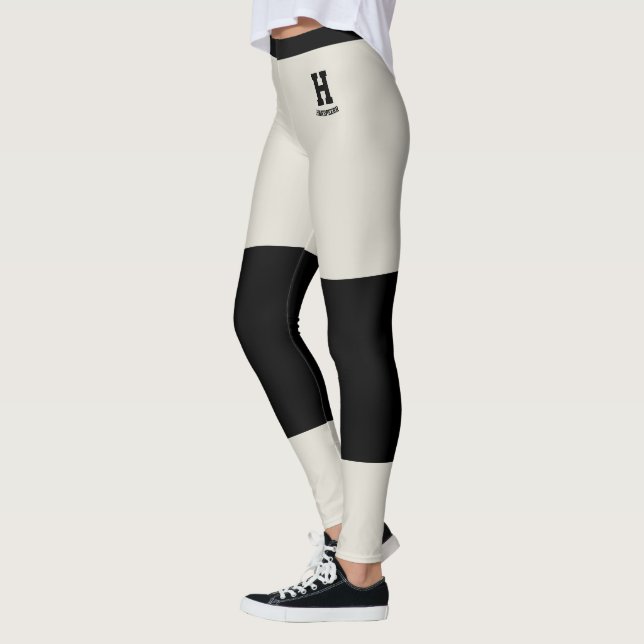 Custom Monogram Name Classy Oatmeal Black Accents Leggings (Left)