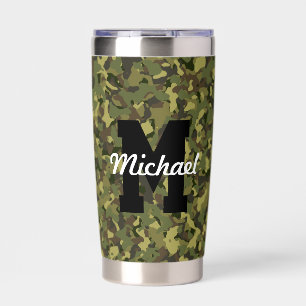 Custom Monogram Name Cool Sports Men's Green Camo Insulated Tumbler