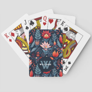 Custom Monogram Name Dark Floral Pattern Playing Cards