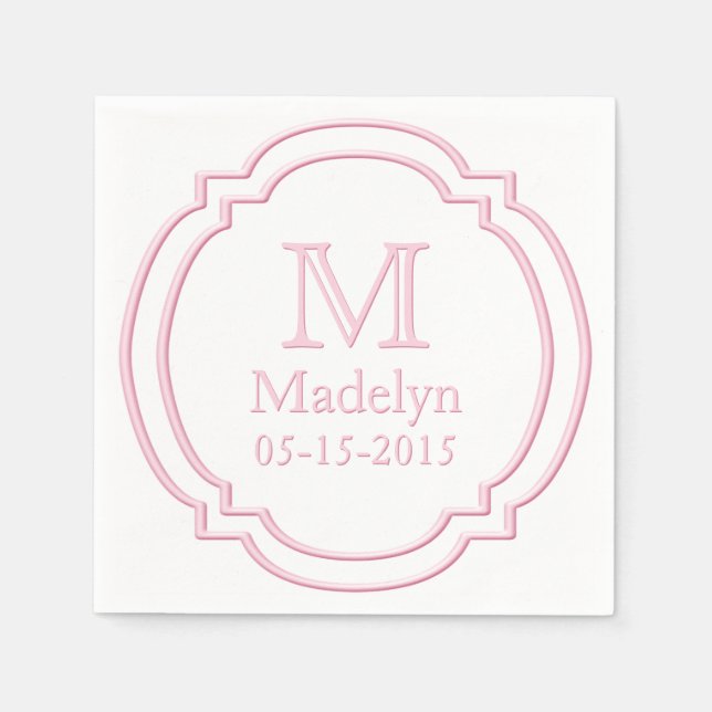 Custom Monogram Name Date White Pastel Pink Frame Napkin (Front)