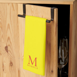Custom Monogram Name Elegant Bright Yellow & Red Kitchen Towel