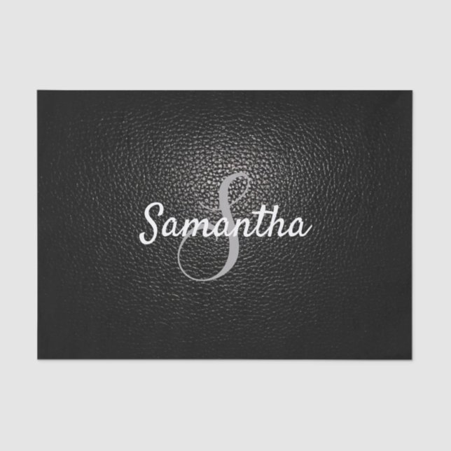 Custom Monogram Name Faux Black Leather Texture Tissue Paper (Front)