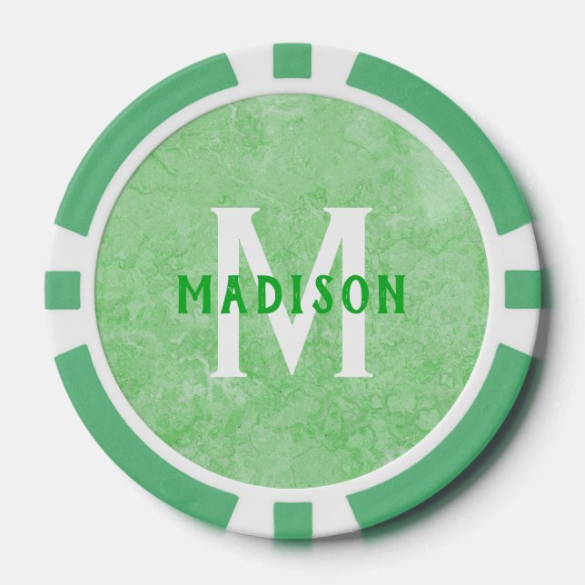 Custom monogram & name Faux Green Marble Poker Chips (Front)