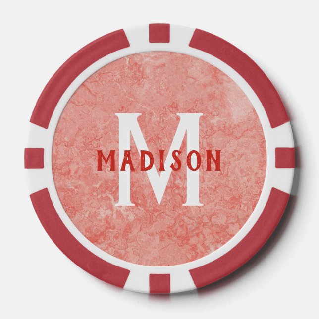 Custom monogram & name Faux Red Marble poker chips (Front)