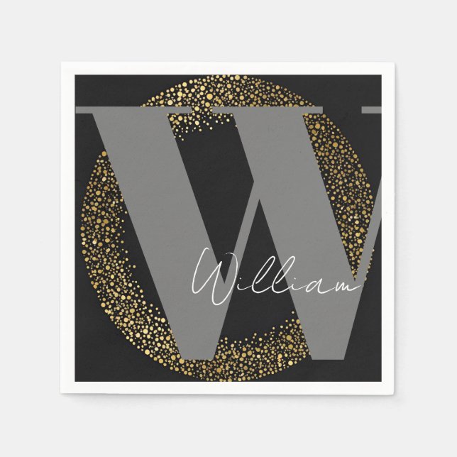 custom Monogram name gold black grey stylish Napkin (Front)