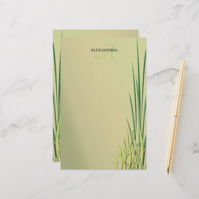 Custom Monogram Name Grass Border  Stationery (Front/Back In Situ)