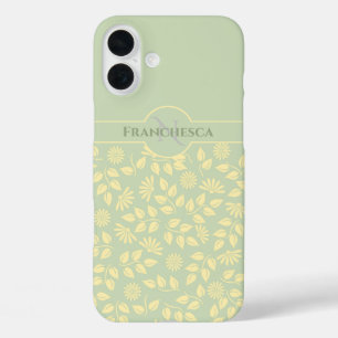 Custom Monogram Name Leaves Daisies Pastel Green iPhone 16 Plus Case