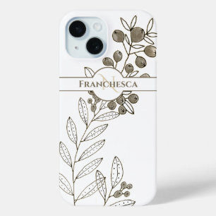 Custom Monogram Name Leaves Khaki Berries Art iPhone 15 Case