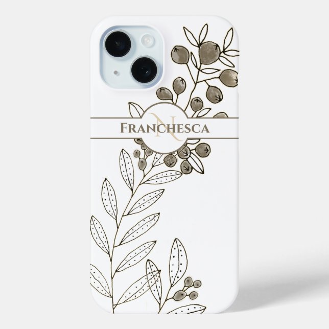 Custom Monogram Name Leaves Khaki Berries Art  Case-Mate iPhone Case (Back)