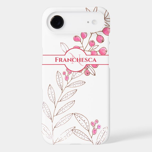 Custom Monogram Name Leaves Pink Berries Art (Back)