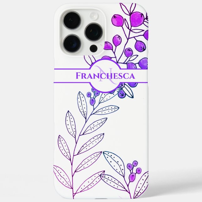 Custom Monogram Name Leaves Pink Berries Art  Case-Mate iPhone Case (Back)