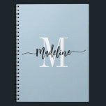 Custom Monogram Name Modern Script Swirls Gift Notebook<br><div class="desc">Elegant, modern gift notebook with your custom name and monogram in a trendy hand lettered script calligraphy design in minimalist dusty blue and black, this typography driven design makes a great gift for coworkers, teachers, coaches, girlfriends, boyfriends, wives, daughters, or any other work or family member! Great for the office...</div>
