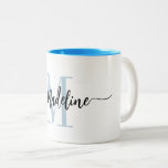 Custom Monogram Name Modern Script Swirls Two-Tone Coffee Mug<br><div class="desc">Elegant, modern coffee mug with your custom name and monogram in a trendy hand lettered script calligraphy design in minimalist light blue and black, this typography driven design makes a great gift for coworkers, teachers, coaches, girlfriends, boyfriends, wives, daughters, or any other work or family member! Great for the office...</div>