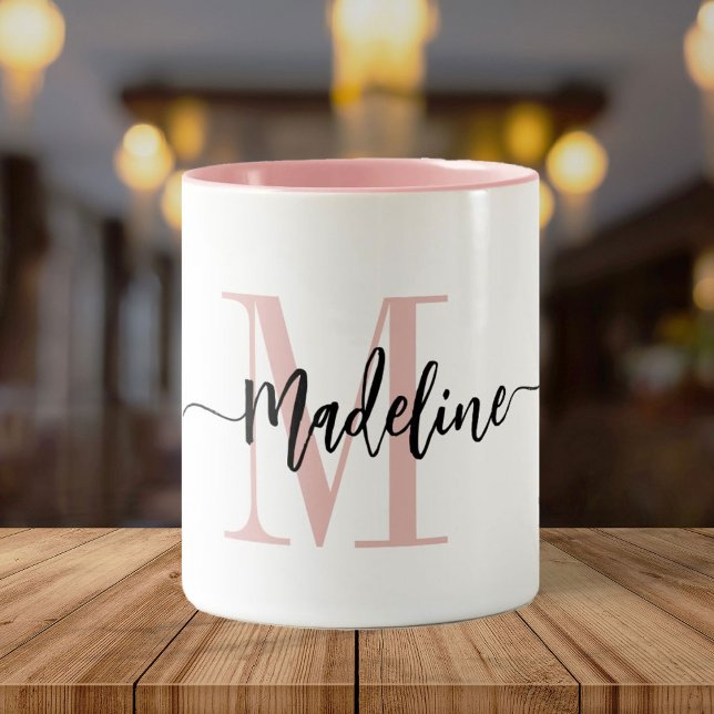 Custom Monogram Name Modern Script Swirls Two-Tone Coffee Mug (Creator Uploaded)