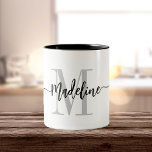 Custom Monogram Name Modern Script Swirls Two-Tone Coffee Mug<br><div class="desc">Elegant, modern coffee mug with your custom name and monogram in a trendy hand lettered script calligraphy design in minimalist grey and black, this typography driven design makes a great gift for coworkers, teachers, coaches, girlfriends, boyfriends, wives, daughters, or any other work or family member! Great for the office or...</div>