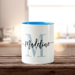Custom Monogram Name Modern Script Swirls Two-Tone Coffee Mug<br><div class="desc">Elegant, modern coffee mug with your custom name and monogram in a trendy hand lettered script calligraphy design in minimalist light blue and black, this typography driven design makes a great gift for coworkers, teachers, coaches, girlfriends, boyfriends, wives, daughters, or any other work or family member! Great for the office...</div>