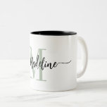 Custom Monogram Name Modern Script Swirls Two-Tone Coffee Mug<br><div class="desc">Elegant, modern coffee mug with your custom name and monogram in a trendy hand lettered script calligraphy design in minimalist dusty sage green and black, this typography driven design makes a great gift for coworkers, teachers, coaches, girlfriends, boyfriends, wives, daughters, or any other work or family member! Great for the...</div>
