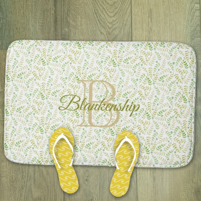 Custom Monogram Name Nature Fern Leaf Pattern Bath Mat (Creator Uploaded)
