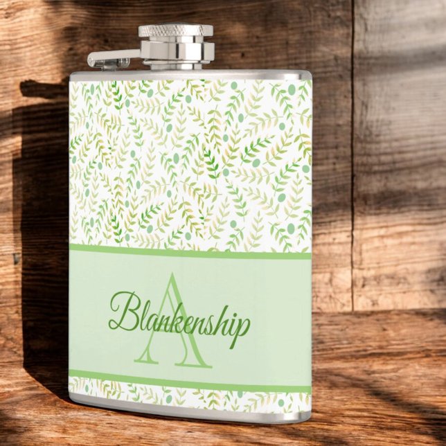 Custom Monogram Name Nature Fern Leaf Pattern Hip Flask (flask on angle with name and initial letter monogram )