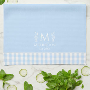 Custom Monogram Name Pastel Blue & White Gingham Kitchen Towel