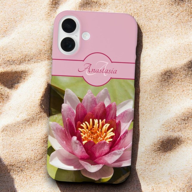 Custom Monogram Name Pink Water Lily Photograph Case-Mate iPhone Case (Water lily photo template text phone case back)
